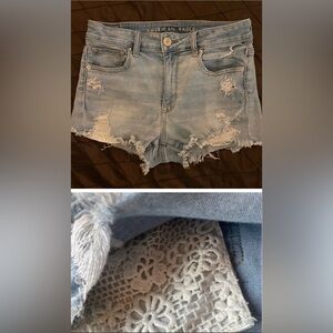 American Eagle Boho festival mom shorts frayed lightwash lace denim cut offs